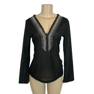 Anxiety Sheer Mesh Sequin Embroidered V-Neck Top Shirt Large Y2K Fairy 90s Black